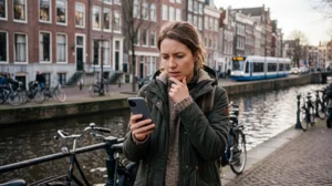 Traveller troubleshooting a slow eSIM connection while visiting the Netherlands
