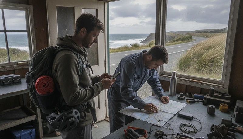 Traveller troubleshooting a slow eSIM connection during a coastal journey in New Zealand