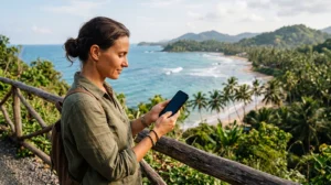 Traveler troubleshooting a slow Sri Lanka eSIM connection on a smartphone