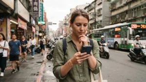 Traveller checking a slow eSIM connection on a smartphone in Taiwan