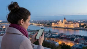 Traveller testing a slow Hungary eSIM connection above Budapest
