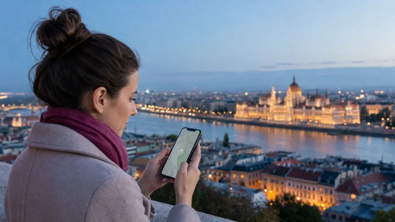 Traveller testing a slow Hungary eSIM connection above Budapest