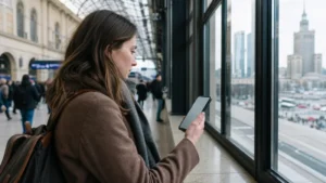 Traveller checking slow mobile data in a busy Warsaw railway station.