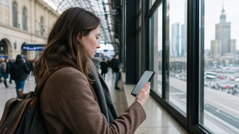 Traveller checking slow mobile data in a busy Warsaw railway station.