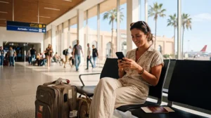 Tourist using WiFi at Agadir Al Massira Airport