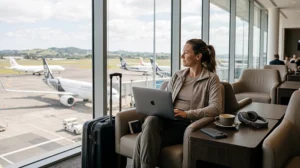 Traveller using airport WiFi while waiting inside Auckland Airport