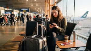 Traveler using WiFi and mobile data at Beijing Airport