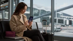 Traveller connecting to free WiFi at Budapest Airport