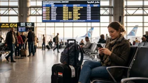 Tourist using WiFi at Cairo International Airport