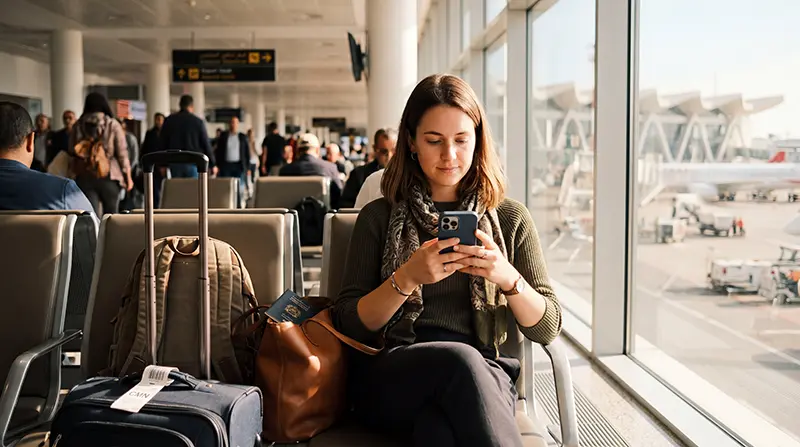 Tourist using WiFi at Casablanca Mohammed V International Airport