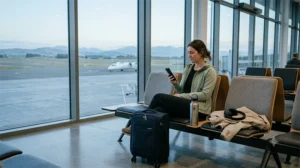 Traveller connecting to WiFi after arriving at Christchurch Airport in New Zealand
