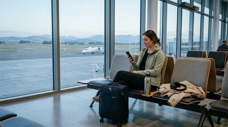 Traveller connecting to WiFi after arriving at Christchurch Airport in New Zealand