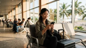Traveler connecting to WiFi at Colombo Airport after arriving in Sri Lanka