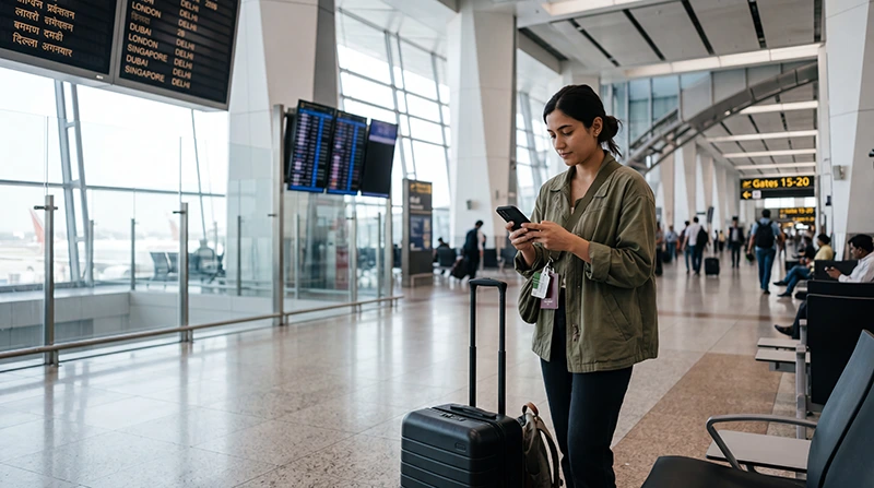 International traveler connecting to free WiFi at Delhi Airport