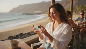 Tourist using WiFi and smartphone while travelling in Fuerteventura Canary Islands