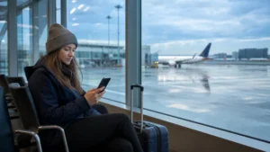 Traveller using public WiFi inside Gdańsk Airport.
