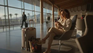 Tourist using WiFi at Gran Canaria Airport arrival terminal with smartphone