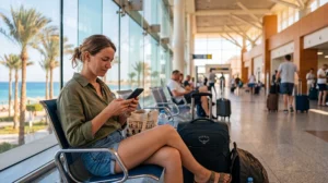 Tourist using WiFi at Hurghada International Airport