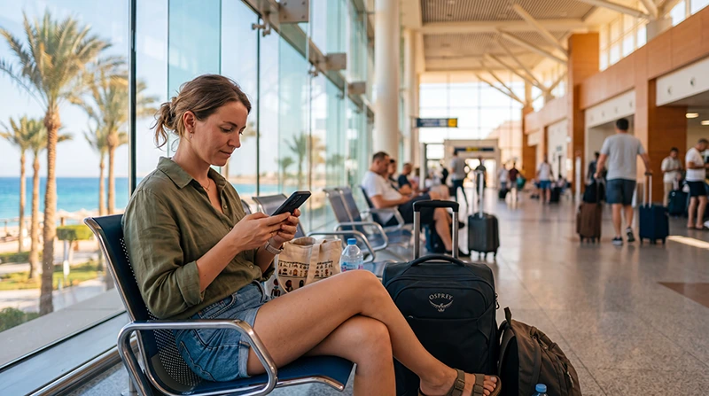 Tourist using WiFi at Hurghada International Airport