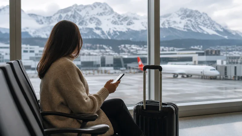 Traveller connecting a smartphone to WiFi inside Innsbruck Airport with Alpine mountains visible outside