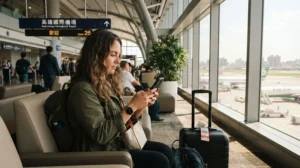 Traveller connecting to free WiFi at Kaohsiung International Airport in Taiwan