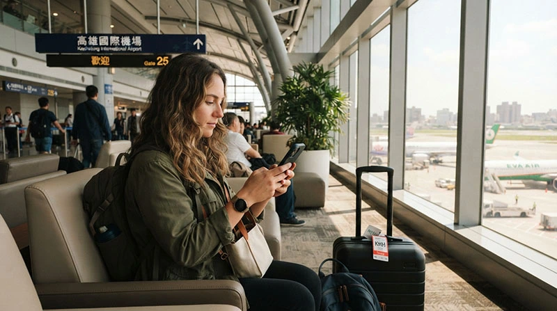 Traveller connecting to free WiFi at Kaohsiung International Airport in Taiwan