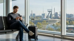 Traveller using public WiFi inside Katowice Airport.