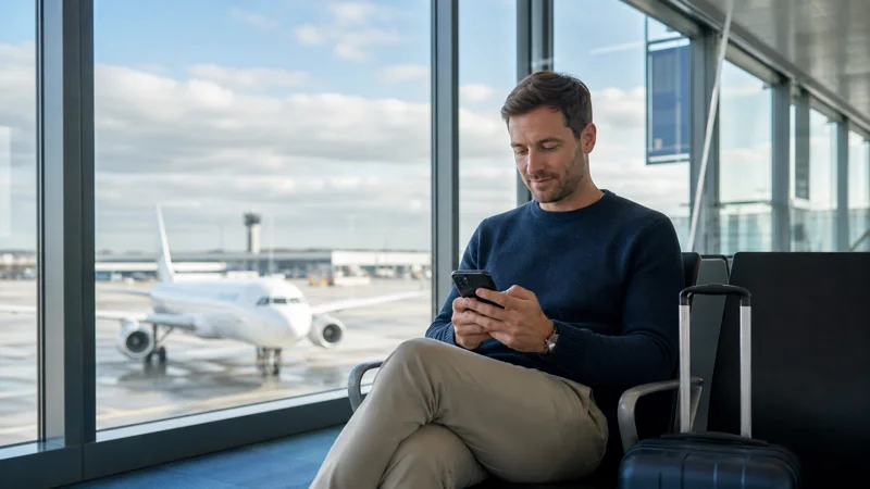 Traveller using airport WiFi while waiting at Kraków Airport.
