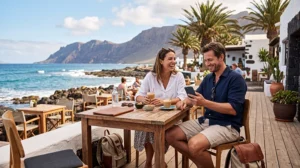 Tourists using WiFi while relaxing at a café in Lanzarote