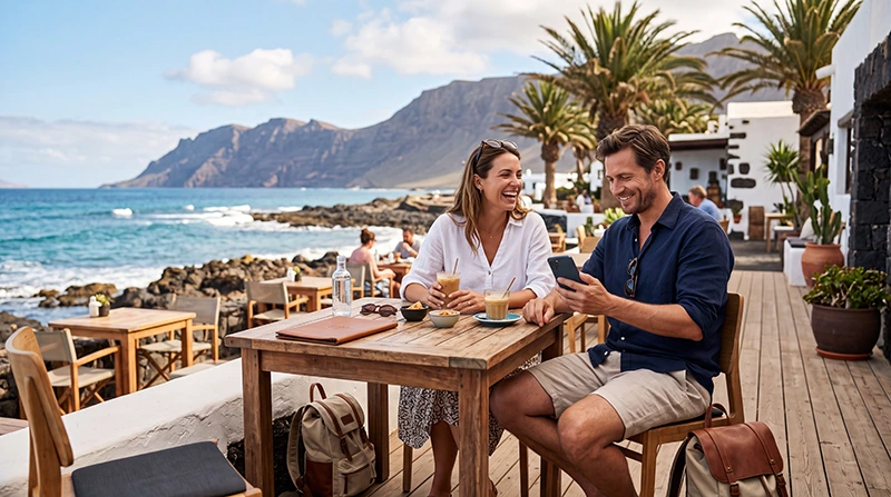 Tourists using WiFi while relaxing at a café in Lanzarote