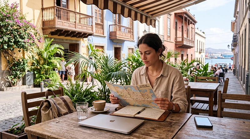 Traveller using café WiFi and mobile internet while visiting Las Palmas