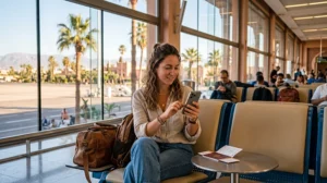 Tourist using WiFi at Marrakech Menara Airport