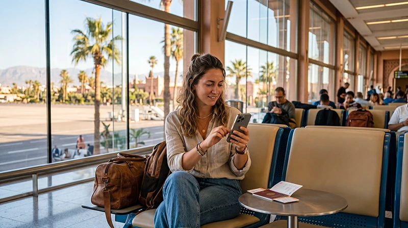 Tourist using WiFi at Marrakech Menara Airport