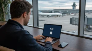 Traveller using secured WiFi at Prague Airport.