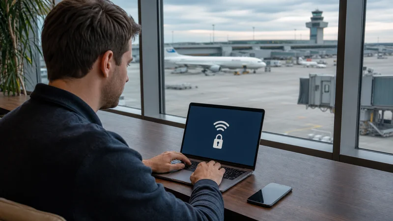 Traveller using secured WiFi at Prague Airport.