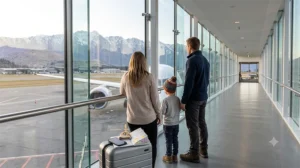 Family connecting to airport WiFi after arriving at Queenstown Airport in New Zealand