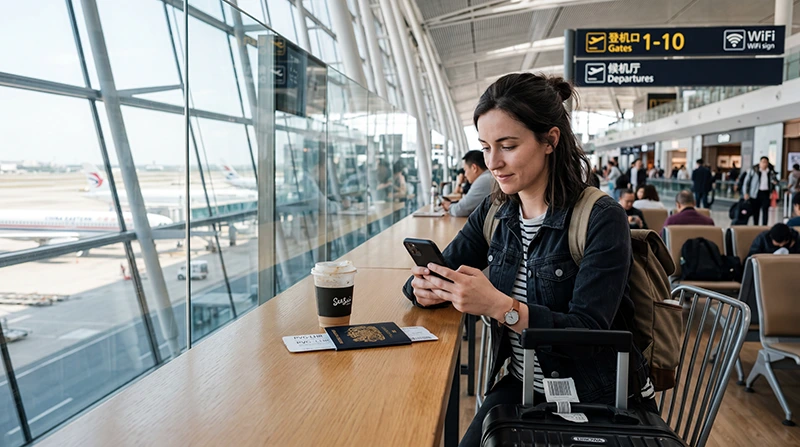 Traveler using WiFi at Shanghai Pudong International Airport