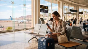 Tourist using WiFi at Sharm El Sheikh International Airport