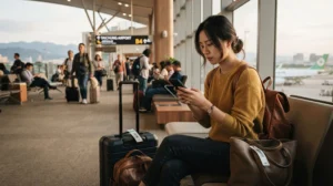 Traveller connecting to free WiFi at Taichung International Airport in Taiwan