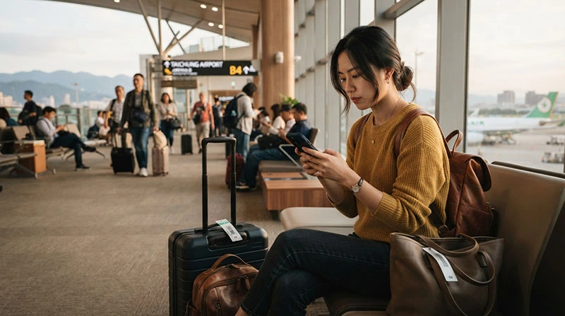 Traveller connecting to free WiFi at Taichung International Airport in Taiwan