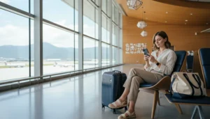 Traveller connecting to free WiFi at Taoyuan International Airport