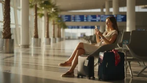 Tourist using WiFi at Tenerife Airport arrival terminal with smartphone