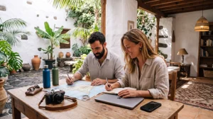 Tourists using accommodation WiFi while planning a holiday in Tenerife