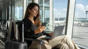 Traveller using a smartphone and laptop in the Warsaw Airport terminal.
