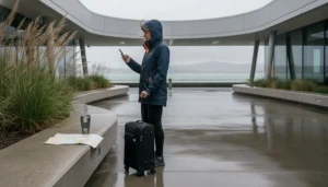 Traveller using airport WiFi before leaving Wellington Airport in New Zealand