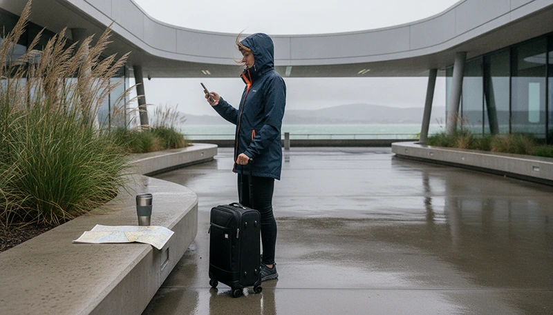 Traveller using airport WiFi before leaving Wellington Airport in New Zealand