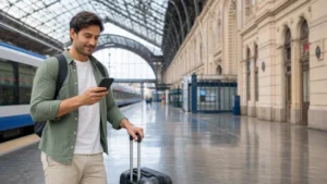 Traveller using a Yettel tourist SIM at a Budapest railway station in Hungary