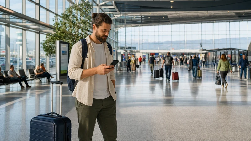 Traveller checking a phone in Zagreb Airport arrivals.