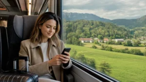 Passenger using a smartphone on the Zagreb–Ljubljana train route.