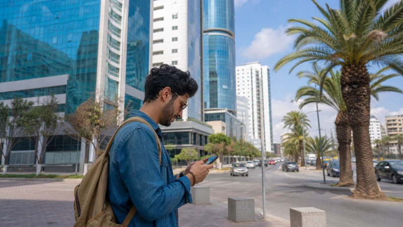 Traveller checking 4G and 5G coverage on a smartphone in Algeria
